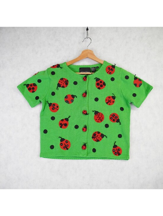 Michael Simon Sweaters - Michael Simon Women Cropped Cardigan Sweater Size Small Green Ladybug Print NWT